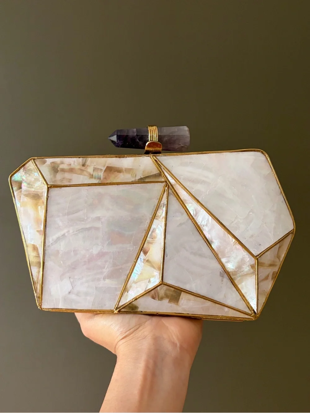 Mother of Pearl Geometric Clutch with Amethyst Accent